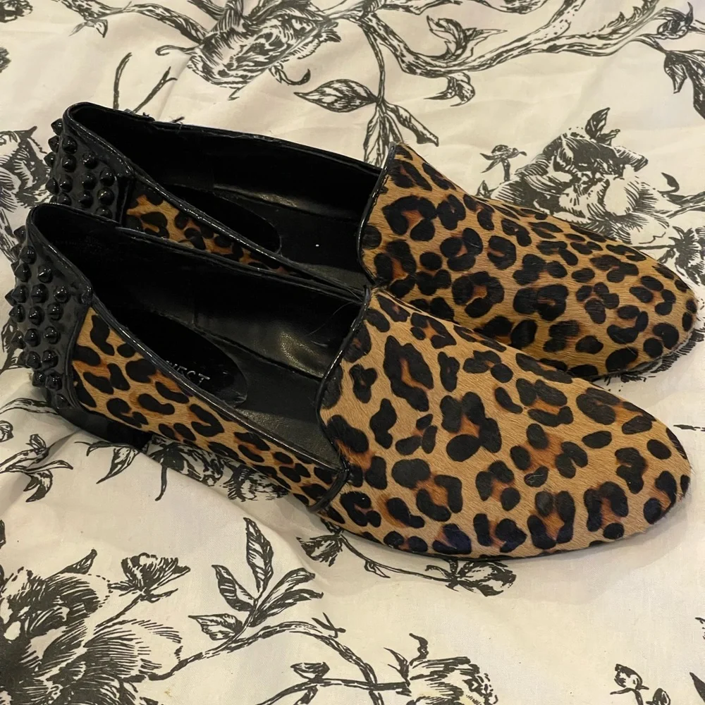 Nine West 6 Animal Print/Studded Back Slip Ons Cow Fur Leather Upper Real Fur‎